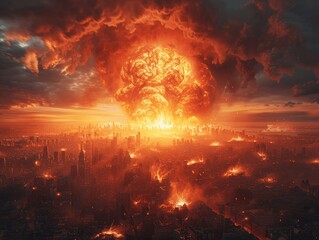 Nuclear Explosion in City - Apocalyptic Armageddon War Scene with Flames and Smoke