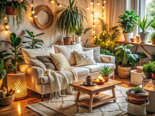 Cozy Boho Style Living Room in White Decor with Textured Fabrics, Natural Elements, and Warm Lighting for a Relaxing Atmosphere, Perfect for Home Decor Inspiration and Interior Design Ideas