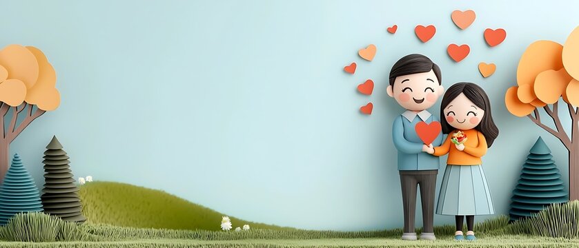 Cartoon of a happy smiling couple embracing each other in a scenic natural landscape with trees hills and a colorful sky  Representing the concept of romance love and intimate relationship