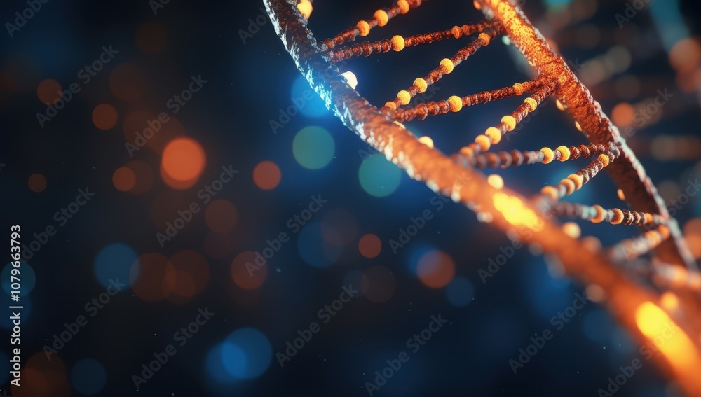 Poster Close-up of a glowing DNA strand with bokeh background