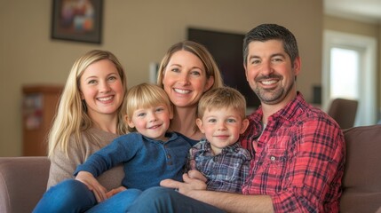 Obraz premium Smiling Caucasian family sitting on the couch and watching a comedy on the TV