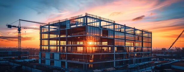 new modern steel and concrete commercial office building construction site at sunset