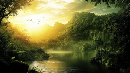 Obraz premium Tranquil River Flows Through Lush Jungle, Birds Soar Above, Magical Sunrise