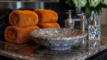 Fototapeta premium Luxury Bathroom Sink and Rolled Towels 