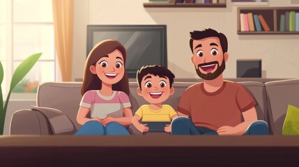 Smiling Caucasian family sitting on the couch and watching a comedy on the TV