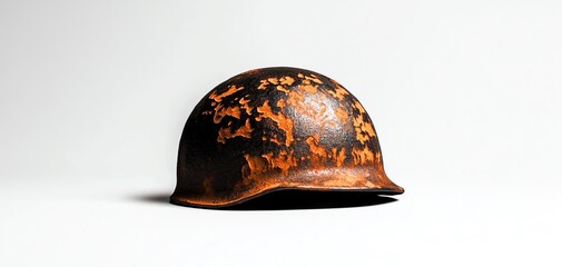 An antique military helmet with rust and wear, showcasing historical significance against a white background.