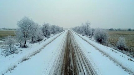 Obraz premium Serene Winter Landscape with Snow-Covered Roadway and Frosty Trees Under Soft Gray Sky in a Rural Environment, Perfect for Seasonal Imagery and Winter-Themed Projects