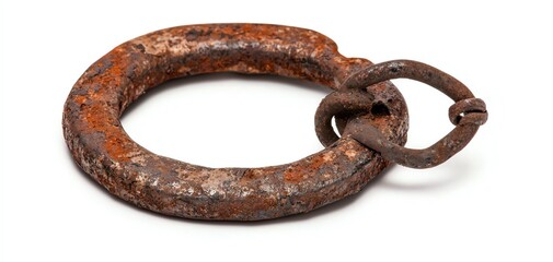 Obraz premium A rusty metal ring, showing signs of age and wear, set against a white isolated background.