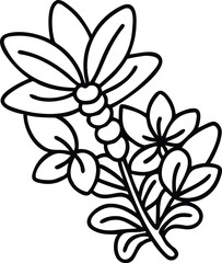 Floral Bouquet Outline Illustration, Black and white outline drawing of a floral bouquet featuring multiple flowers, leaves, and stems in a detailed and stylized design.

