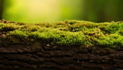 Natural macro shot. Textured moss on bark, rich greens and browns, forest background, 3D illustration.