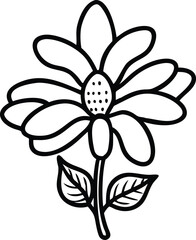Simple Flower Outline with Dotted Center, Black and white outline illustration of a flower with elongated petals, a dotted center, and two detailed leaves on a single stem.
