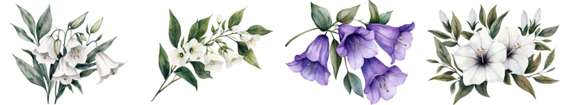 Elegant watercolor painting showcasing a beautiful bouquet of silverbell flowers with lush purple and white blooms surrounded by verdant leaves and greenery  The delicate