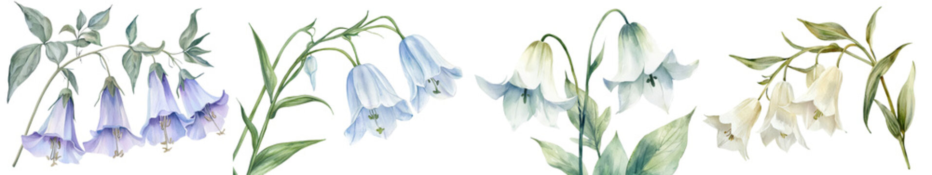A beautiful and ethereal watercolor depicting a cluster of delicate bell shaped silverbell flowers in soft pastel hues  The lush