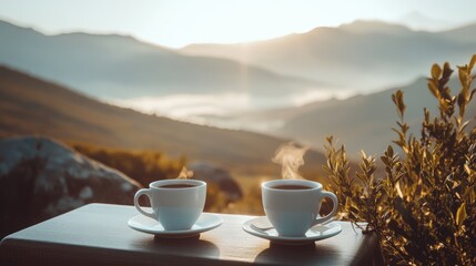 Serene Morning Scene with Two Steaming Coffee Cups on a Wooden Table Overlooking a Majestic Mountain Landscape at Sunrise
