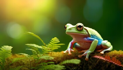 Naklejka premium Natural macro shot. Tiny frog in rainforest, colorful macro view, botanical detail, 3D illustration.