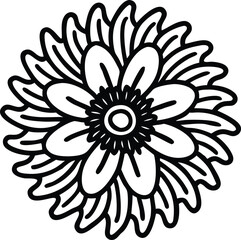 Detailed Floral Mandala Outline Illustration, Black and white outline illustration of a complex flower with layered petals, featuring a decorative and intricate mandala-like design.

