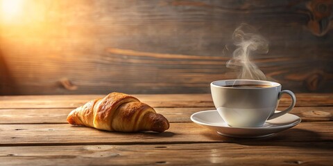 A steaming cup of coffee and a freshly baked croissant on a rustic wooden table