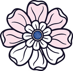 Pastel Pink Flower Illustration with Blue Center, Vector illustration of a pastel pink flower with detailed petals and a blue center, showcasing a stylized and decorative floral design.
