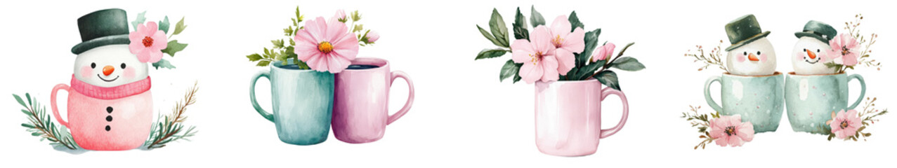Charming Snowman Mugs with Lush Watercolor Floral Decor   Cozy Holiday or Winter Themed Home Accent or Gift Idea