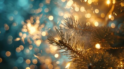 Fireworks on blue night background with golden shining bokeh, Silvester, New year's eve