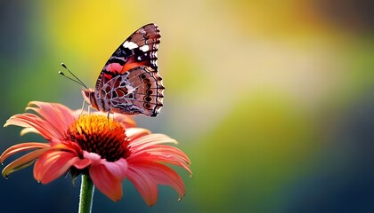 Natural macro shot. Vibrant butterfly on flower, focused close-up, natural soft background, 3D illustration.