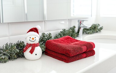 Christmas-themed bathroom decor featuring red towels and a snowman figurine on a white countertop.