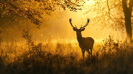 Obraz premium A deer emerging from the misty woods at dawn, creating a serene and mystical atmosphere