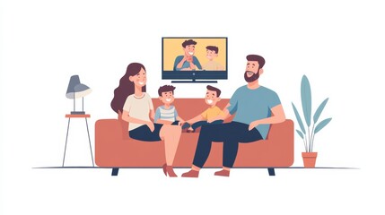 Smiling Caucasian family sitting on the couch and watching a comedy on the TV