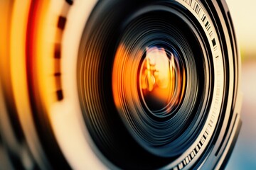 Close-up of a camera lens with a reflection of a sunset in the glass.