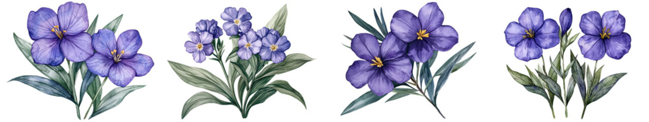 Obraz premium Stunning Watercolor Painting of Vibrant Purple Spiderwort Flowers Blooming in a Lush Natural Setting Elegant Floral Artwork with Delicate Petals and Verdant Foliage