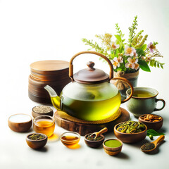 Vector illustration of a set of ready-to-drink hot green tea on a white background.