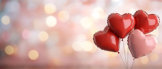 Red heart shaped balloons floating in the air against a blurred festive and romantic background with copy space for text or design  The image evokes a sense of whimsy perfect for Valentine s Day