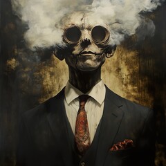 Surreal Portrait of a Humanoid Figure with Clouds and Goggles - A Dark and Dreamlike Painting