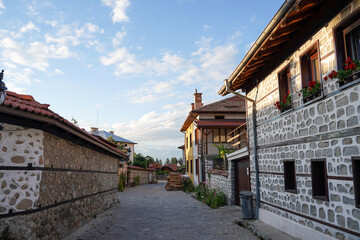 Fototapeta premium Streets of Bansko with traditional old Bulgarian architecture, Bulgaria