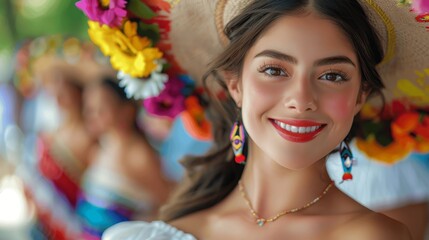 smiling young Mexican woman in traditional white dress with flowers, blurred dancers in colorful...