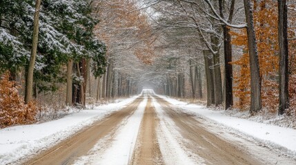 Serene Winter Scene of a Snow-Covered Dirt Road Surrounded by Trees in a Tranquil Forest Landscape