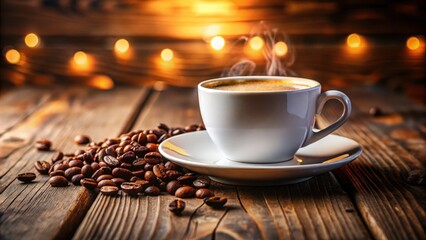 Fototapeta premium Elegant White Coffee Cup with Handle on Rustic Wooden Table - Perfect for Beverage Photography and Cafe Aesthetic