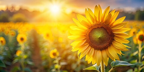 Obraz premium Close-up of a Single Sunflower Facing the Setting Sun in a Field of Blooming Flowers