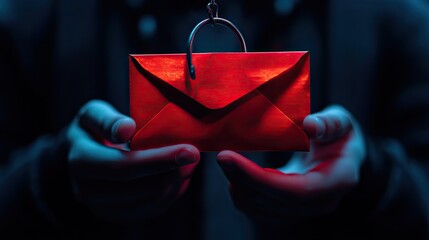 Phishing from scammers, smishing assault, and spam phishing scheme. The criminal hacker's hand holding a red envelope with a hook icon is used to transmit fraud, malware, and virus-spreading text mess