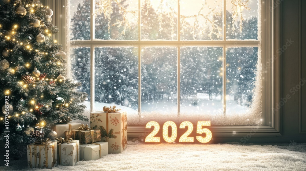 Poster A decorated Christmas tree stands near a window, illuminated by string lights. The window shows a snowy winter scene, with trees and a soft snowfall.
