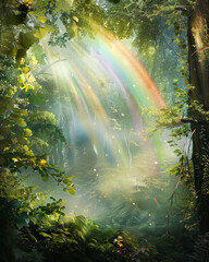 A magical forest scene with a rainbow arching through misty trees, sunlight filtering through the foliage creating soft rainbow prisms