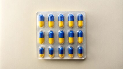 Naklejka premium A close-up shot of a blister pack with 15 blue and yellow pills, arranged in a neat, organized pattern, highlighting a sense of order and uniformity.