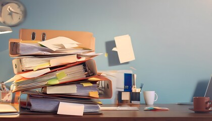 Naklejka premium Workspace cluttered with documents, signs of stress and fatigue.