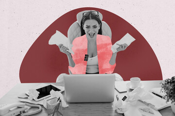 Sketch image artwork composite 3D photo collage of office manager young lady shocked face emoji tired scream hold document laptop table