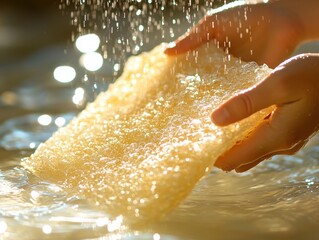 Fototapeta premium A Hand Holding a Soapy Sponge in Water.