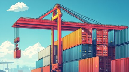 Illustration in surrealist vector art style, showcasing metal imported containers lifted by cranes at busy port terminals, highlighting details, industrial machinery, and maritime logistics operations