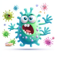 Fototapeta premium Cartoon Germ Character Surrounded by Colorful Microbes