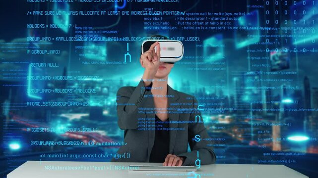 IT developer typing computer code for analyzing intelligent website development coder system data selection by VR innovation interface digital network technology visual hologram server. Contraption.