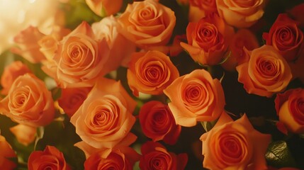 Naklejka premium Vibrant and Lush Orange and Peach Roses in Full Bloom Creating a Beautiful Floral Background Perfect for Celebrations, Weddings, and Romantic Occasions