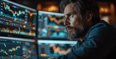 Obraz premium Stock Market Trader Analyzing Financial Trends and Data for Investment Strategies in Office Setting